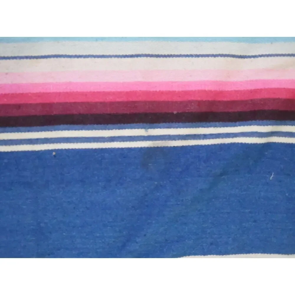 Serape Saltillo Mexican Blue Multi-Color Fringed Striped Blanket 84X49 Vintage
